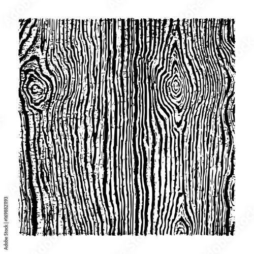 Detailed black and white illustration of tree bark texture with visible grain and knot patterns present