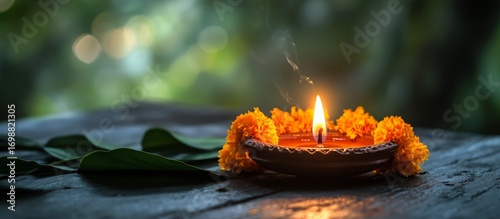 Diwali Celebration With a Diya Lamp Surrounded by Marigold Flowers on a Wood ...
