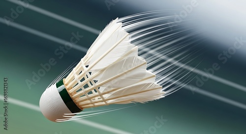 Shuttlecock in motion on a badminton court.