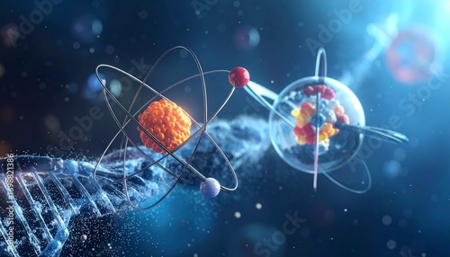 Surreal atomic models orbiting planetary nuclei above Earth—merging quantum structure with cosmic scale.