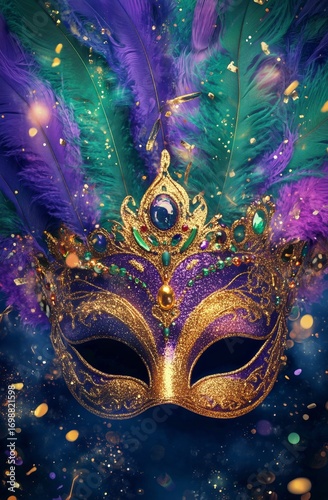 Gorgeous Mardi Gras Venetian Mask With Purple and Teal Feathers Sparkles