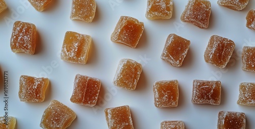Candied Ginger Pieces Scattered on a White Surface, View From Above.