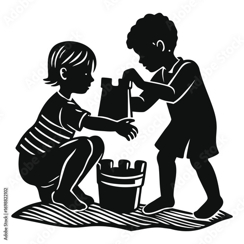 Vector art of two children playing with sand and buckets on the beach, building a sandcastle, silhouette illustration