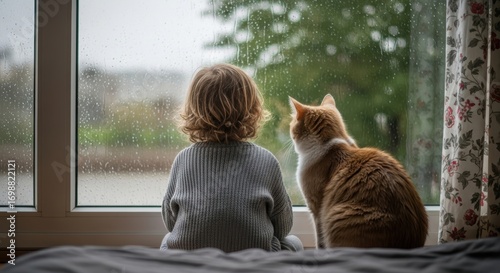 Young caucasian child with cat watching rain through a window