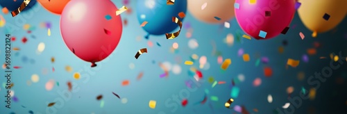 Celebration With Colorful Balloons and Falling Confetti Against a Blue Backgr...