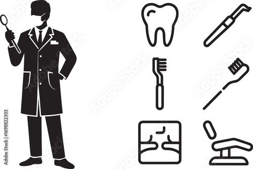 Dentist with Dental Tools and Equipment Icons on Transparent Background Vector