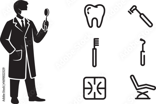 Dentistry Vector Illustration Set Featuring Dentist and Dental Care Equipment Icons