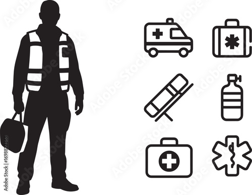 Emergency Medical Services Responder with Equipment Icons on Transparent Background Vector