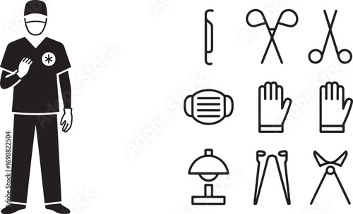 Medical Professional Silhouette with Surgical Instruments and Healthcare Equipment Icons