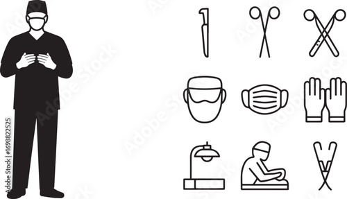 Medical Professional Silhouette with Surgical Instruments and Healthcare Equipment Icons