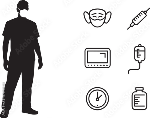 Medical Professional Silhouette with Healthcare Equipment Icons and Treatment Symbols