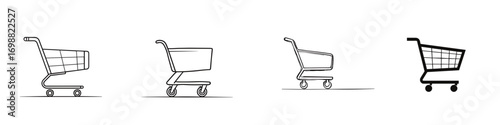 Minimalistic shopping cart with four evolving linear icons on white background, clean outline style and modern e-commerce concept, emphasizing retail theme and user experience atmosphere