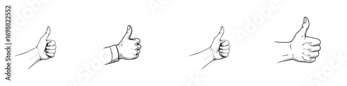 Thumbs up hand in minimalist line art style on white background symbolizing approval, positivity, success, clean monochrome sketch conveying agreement and encouragement, modern graphic concept for UI