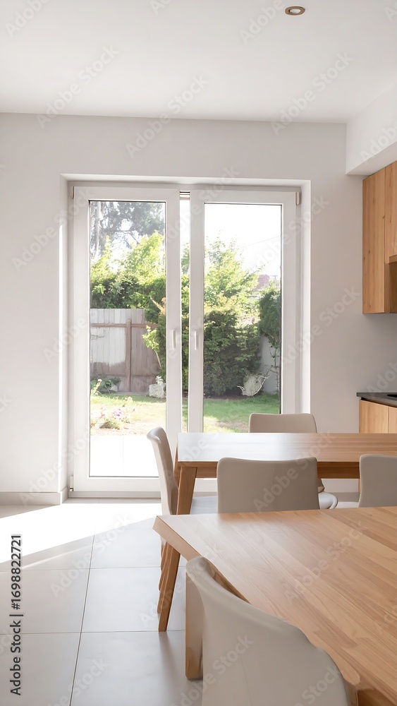 Obraz premium Bright kitchen with patio view