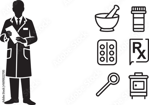 Pharmacist Silhouette with Pharmacy Icons for Medication and Healthcare Concepts
