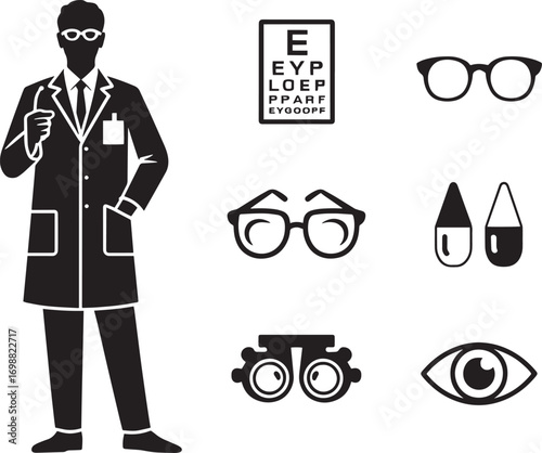 Ophthalmologist Doctor with Eye Chart, Glasses, Drops and Eye Icon Vector Illustration