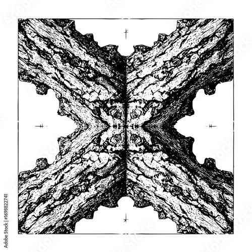 Abstract symmetrical design featuring textured elements in black and white creating a complex pattern
