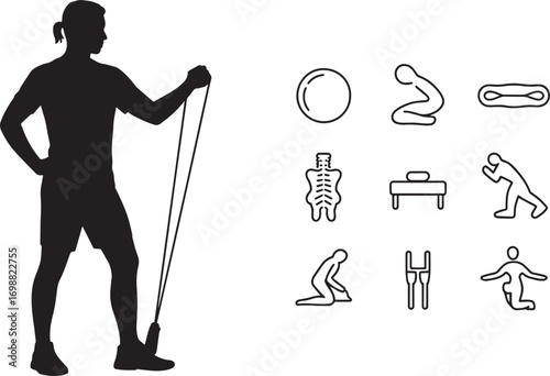 Physiotherapy Vector Illustration Set Featuring Therapist and Rehabilitation Equipment Icons