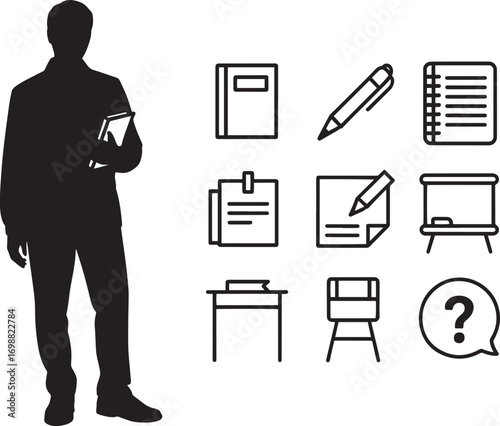 Professor with Book, Notebook, Pen, Paper, Desk, Chair and Question Mark Vector Illustration