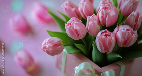 Bunch of Beautiful Pink Tulips in a Pot Tied With a Pink Ribbon Against a Blu...