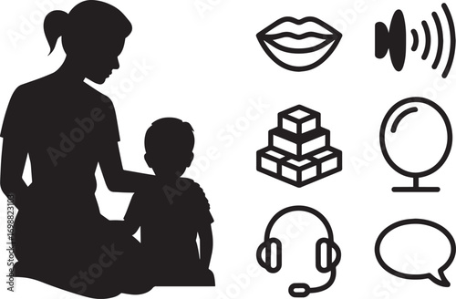 Silhouette of Mother and Child with Communication and Learning Icons on Transparent Backdrop