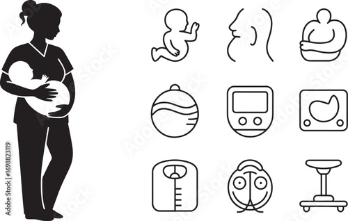 Silhouette of Pregnant Woman with Obstetrics and Gynecology Icons on Transparent Backdrop