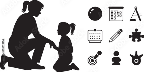 Silhouette of Mother Kneeling with Child Surrounded by Educational Icons on Transparent Backdrop
