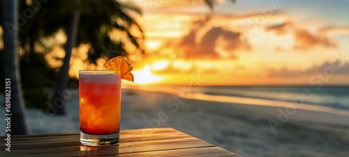 Tropical Cocktail at Sunset Overlooking a Beautiful Beach in Maldives.