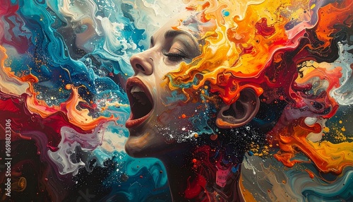 Surreal female face in emotional trance, engulfed by vivid swirls of color and abstract energy.
