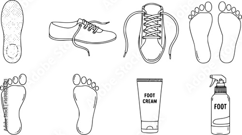 Foot care linear icon set. featuring insole, shoelace, feet, footprint, foot cream, and foot spray symbols vector silhouette illustration isolated on white background 