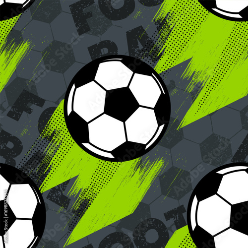 Abstract seamless chaotic pattern with soccer ball and urban geometric elements. Grunge neon texture background for guys. Football sport