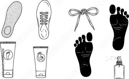 Foot care linear icon set. featuring insole, shoelace, feet, footprint, foot cream, and foot spray symbols vector silhouette illustration isolated on white background 