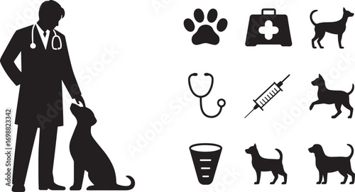 Veterinarian Examining Dog Silhouette with Medical Icons on Transparent Background Vector