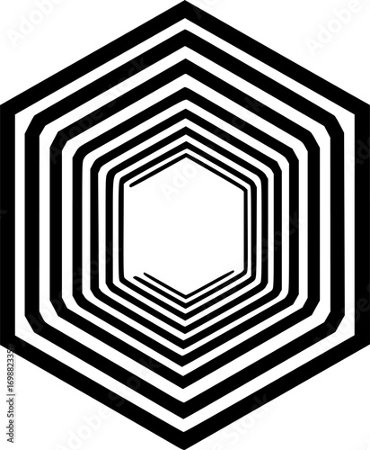 A single hexagon with a thinner outline, surrounded by concentric hexagonal rings expanding outward. The gradual increase in size vector silhouette illustration isolated on white background 