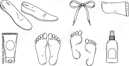 Foot care linear icon set. featuring insole, shoelace, feet, footprint, foot cream, and foot spray symbols vector silhouette illustration isolated on white background 