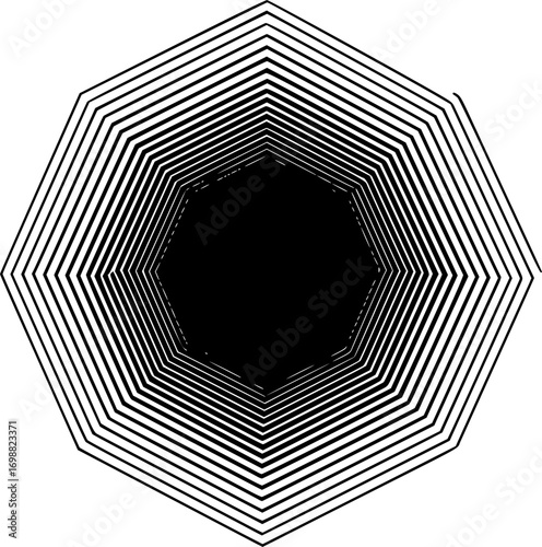 A single hexagon with a thinner outline, surrounded by concentric hexagonal rings expanding outward. The gradual increase in size vector silhouette illustration isolated on white background 