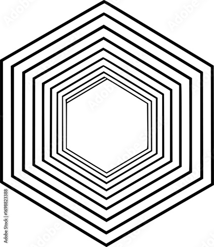 A single hexagon with a thinner outline, surrounded by concentric hexagonal rings expanding outward. The gradual increase in size vector silhouette illustration isolated on white background 