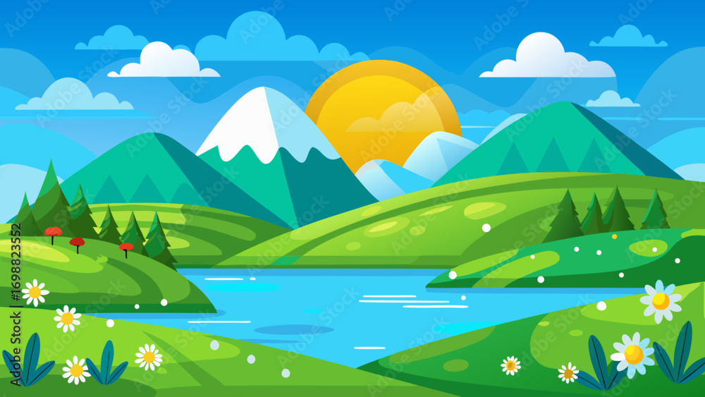 Naklejka premium Flat design vector illustration of green grassy hills with a lake and sun, in a simple, cartoon-like style. The design features simple shapes, lines, and color blocks, with minimal details. The scene 