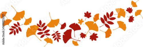 An assortment of red and orange leaves, including ginkgo and ash varieties, arranged in a flowing pattern across the image. The leaves are vector silhouette illustration isolated on white background 
