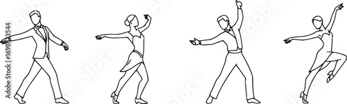Dance steps linear icon set. featuring foxtrot, tango, waltz, swing, salsa, and rumba symbols vector silhouette illustration isolated on white background 