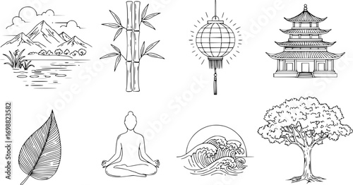 Asian culture linear icon set. featuring landscape, bamboo, temple, lantern, leaf, meditation, waves, and tree vector silhouette illustration isolated on white background 