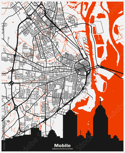 Abstract Vector Map of Mobile, Alabama, United States for Home Wall Poster