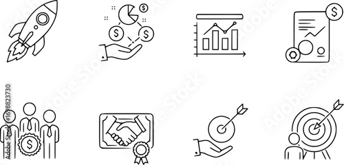 Business linear icon set. featuring rocket, chart, handshake, target, team, finance, certificate, strategy vector silhouette illustration isolated on white background 