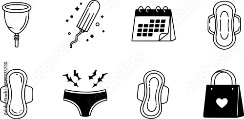 Menstrual cycle linear icon set. featuring cup, tampon, pad, calendar, cramps, underwear, recycling, and bag vector silhouette illustration isolated on white background 