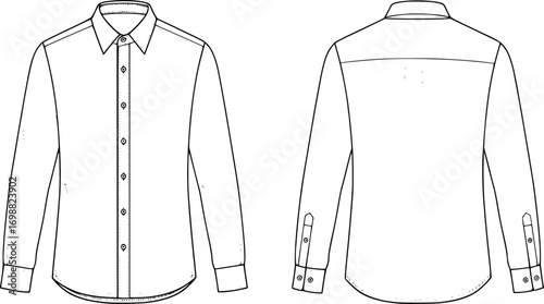 An outline drawing of a long-sleeve shirt featuring both front and back views. The design includes a button-up front and a classic collar, vector silhouette illustration isolated on white background 