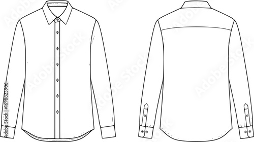 An outline drawing of a long-sleeve shirt featuring both front and back views. The design includes a button-up front and a classic collar, vector silhouette illustration isolated on white background 