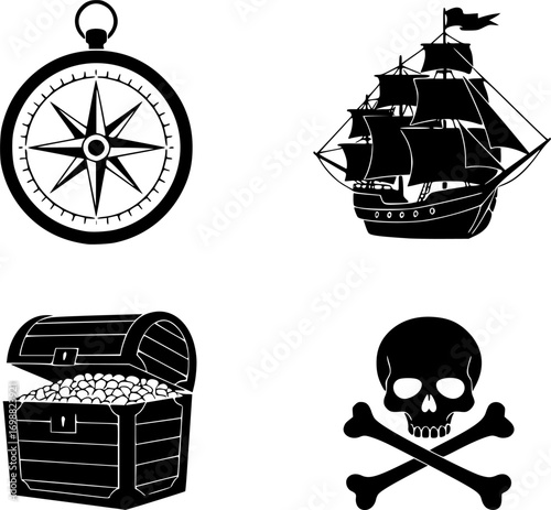 Treasure map silhouette icons set – simple, adventure and exploration symbols vector silhouette illustration isolated on white background 