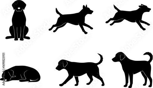 Minimalist dog silhouette icons set – sitting, running, sleeping, standing, puppy. Flat icon set vector silhouette illustration isolated on white background 