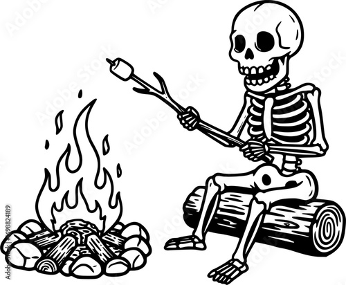 Campfire Skeleton: A whimsical skeletal figure enjoys a moment of relaxation around a cozy campfire, roasting a marshmallow in a monochrome illustration