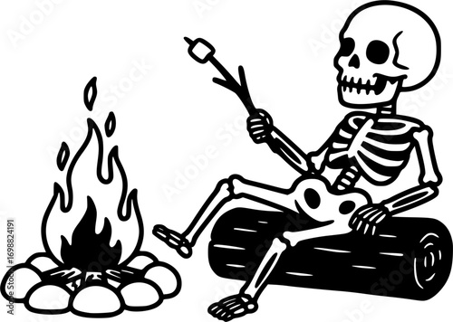 Campfire Skeleton: A whimsical skeletal figure enjoys a moment of relaxation around a cozy campfire, roasting a marshmallow in a monochrome illustration